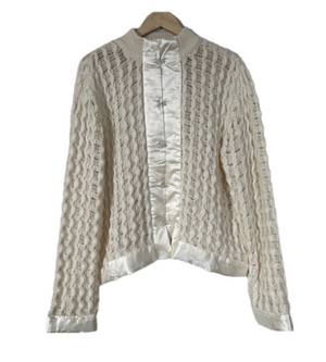 Moda International Wool Blend Open Knit Cardigan Satin Trim Textured Sweater XL